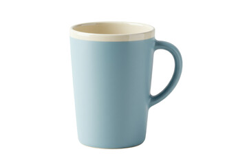 Tall light blue ceramic mug isolated on white, modern drinkware for coffee or tea, studio shot