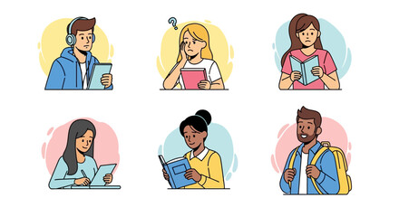 Diverse group of young adults engaged in various educational activities and learning styles showcasing modern study habits and digital literacy development