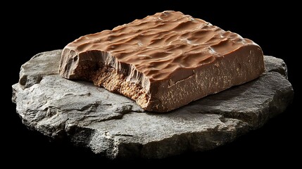 A DSLR view of a single piece of dark chocolate with a small bite taken out of it, placed on a minimalist stone plate with soft, diffused light emphasizing its texture