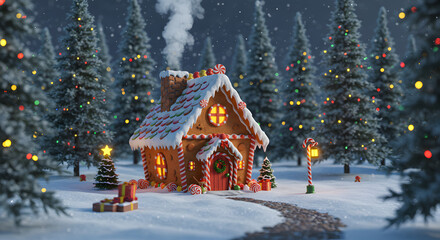 Fototapeta premium Whimsical Gingerbread House Nestled Amongst Snowy Festive Trees with Warm Glowing Windows