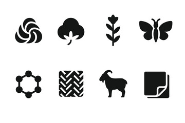 Business Suit Fabrics Icons. Solid, filled icon set of business suit fabrics: wool, cotton, linen, silk, polyester, tweed, cashmere, velvet. [Solid, filled