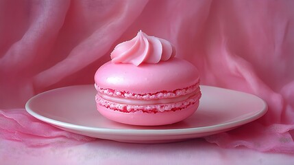 A DSLR close-up of a single macaron on a clean plate, with the smooth texture and delicate color of the pastry captured in vivid detail, with soft lighting accentuating its form