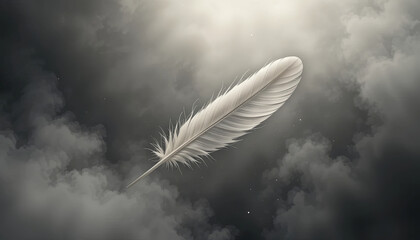 A delicate feather drifts through a moody sky filled with dark clouds, illuminated by soft light, creating a serene and tranquil atmosphere