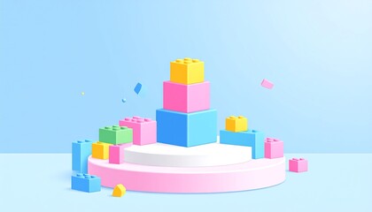 Fototapeta premium Colorful toy blocks arranged on a pastel podium