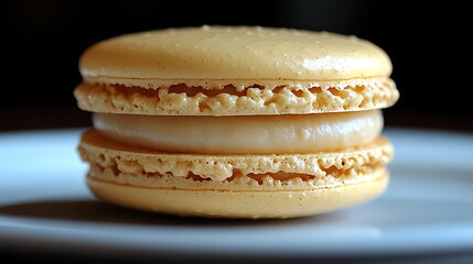 A DSLR close-up of a single macaron on a clean plate, with the smooth texture and delicate color of the pastry captured in vivid detail, with soft lighting accentuating its form