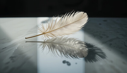 A lightweight feather lies gracefully on a smooth, reflective surface. Soft light illuminates it, creating a gentle play of shadows. The serene scene evokes a sense of calm and simplicity