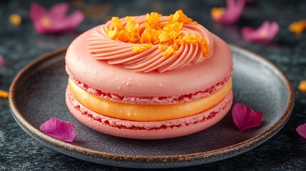 A DSLR close-up of a single macaron on a clean plate, with the smooth texture and delicate color of the pastry captured in vivid detail, with soft lighting accentuating its form