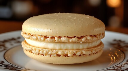 A DSLR close-up of a single macaron on a clean plate, with the smooth texture and delicate color of the pastry captured in vivid detail, with soft lighting accentuating its form