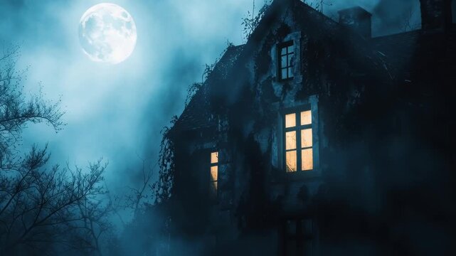 Dilapidated haunted house silhouetted against a full moon with eerie lights and gnarled trees. Halloween