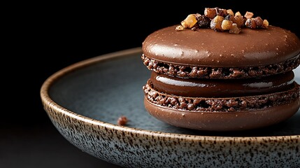 A DSLR close-up of a single macaron on a clean plate, with the smooth texture and delicate color of the pastry captured in vivid detail, with soft lighting accentuating its form