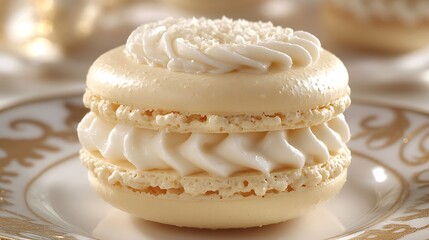 A DSLR close-up of a single macaron on a clean plate, with the smooth texture and delicate color of the pastry captured in vivid detail, with soft lighting accentuating its form
