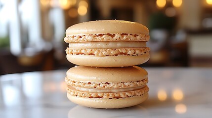 A DSLR close-up of a single macaron on a clean plate, with the smooth texture and delicate color of the pastry captured in vivid detail, with soft lighting accentuating its form