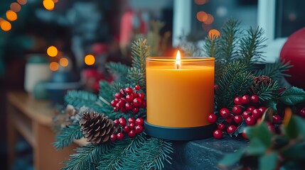 A DSLR shot focusing on a single candle burning gently on a stone surface, with soft shadows and warm light reflecting off the surrounding minimal decor
