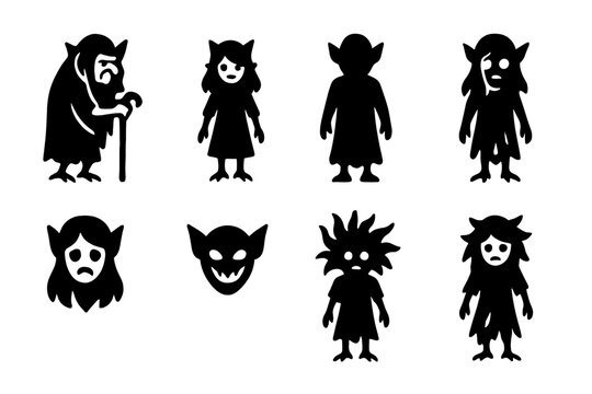 Kikimora Icon Variations. Solid, filled icon set of kikimora appearance variations: old woman, young girl, shadow figure, half-transparent, ghostly face,