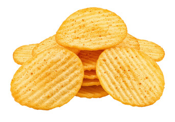 Pile of golden ridged potato chips isolated on transparent background, crispy snack for party food...