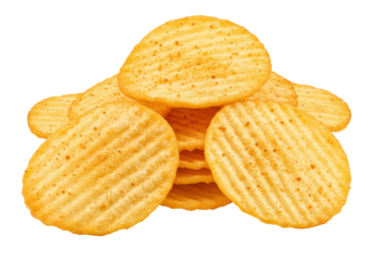 Pile of golden ridged potato chips isolated on transparent background, crispy snack for party food and junk food concepts