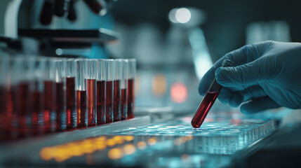 Close-up of medical laboratory research, hands of scientists using modern equipment, test tubes and digital analysis, sterile clean background