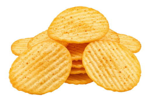Pile of golden ridged potato chips isolated on transparent background, crispy snack for party food and junk food concepts