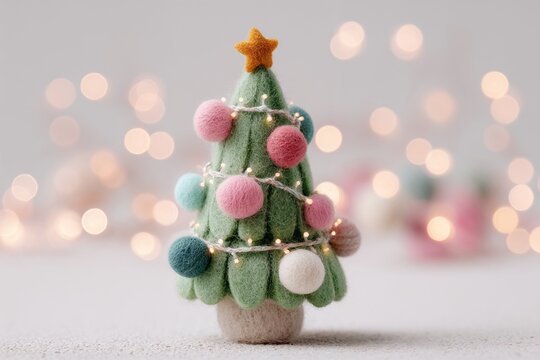 Green felt Christmas tree with pastel ornaments and lights