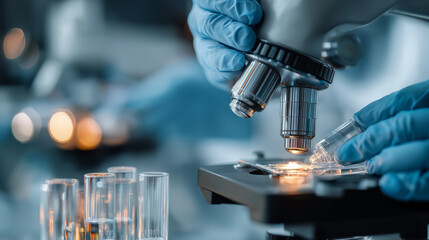 Close-up of medical research process, hands of doctors using advanced lab instruments, sterile clean environment