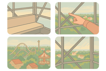 Obraz premium Inside Ferris Wheel Cabin. Isometric vector illustration set View from Inside Ferris Wheel: interior of cabin with seating bench,