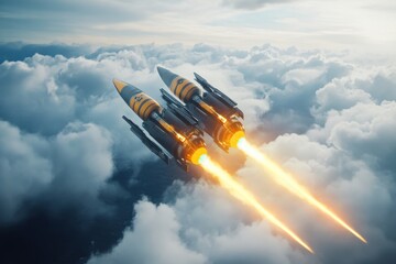 Two rockets soaring through clouds with powerful flames at sunset