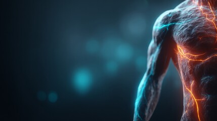 A close-up view of a 3D human body model features glowing blue and orange lines illustrating hydration and electrolyte pathways, highlighting health areas with vibrancy