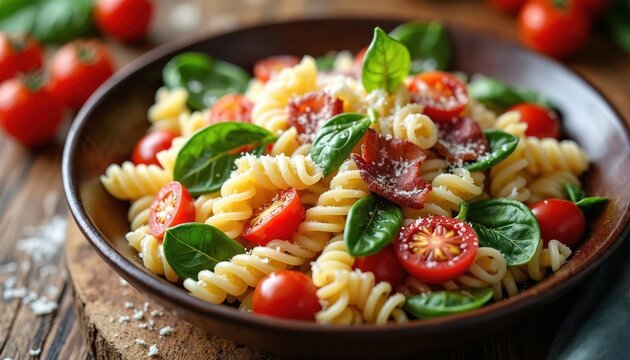 Delicious pasta salad dish with fresh ingredients. It contains cherry tomatoes spinach and basil leaves. The meal is served in wooden bowl on wooden surface. Pasta dish is perfect lunch - Powered by Adobe