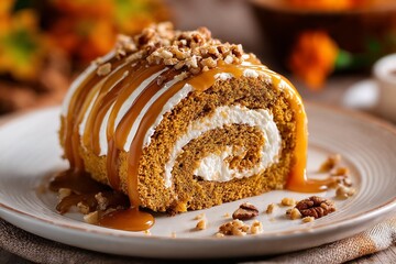 Pumpkin roll cake with caramel drizzle and pecans