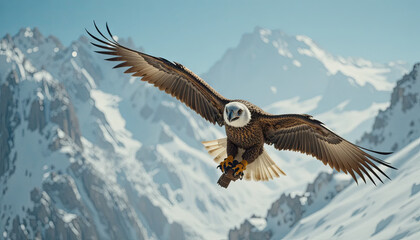 Fototapeta premium A large bird of prey soars gracefully over stunning snow-covered peaks. The scene captures its powerful wings and sharp features against the vibrant blue sky
