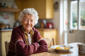Elderly woman smiling warmly at breakfast table in kitchen