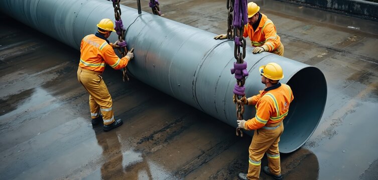 Three workers in orange uniforms move large metal pipe using chain blocks. Men in hard hats handle heavy pipe on wet industrial site. Workers lift and shift pipe with rigging equipment.