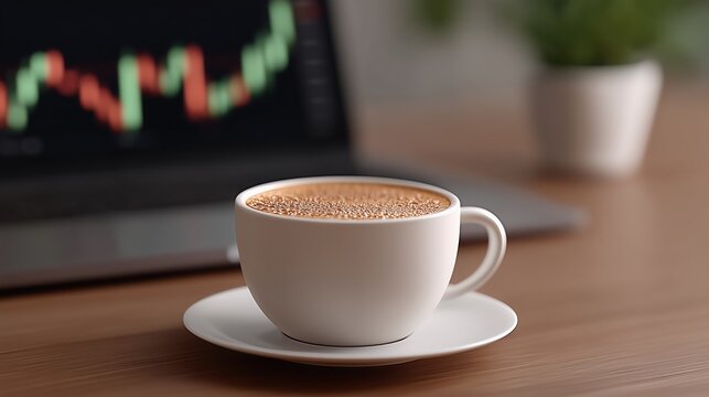 View of a trader's desk with a laptop showing a financial chart and coffee cup (remote work routine concept).