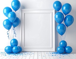 Blue Balloons and White Frame for Celebration.