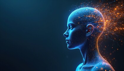 Concept of AI brain activity with glow light particles. Neural network of human head. Digital mind with machine learning. Artificial intelligence, modern tech, innovative technologies research. Mind