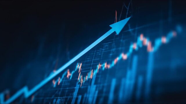 Ascending blue arrow overlaid on blurry price chart and grid on dark blue backdrop