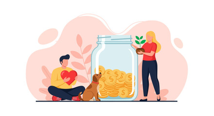 People contributing to a jar filled with coins and a plant symbolizing growth and support for a good cause