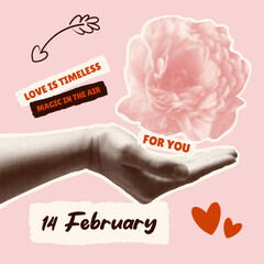 Valentine’s Day card with a halftone flower and hand in modern collage style. Y2K-inspired design with torn paper elements, romantic symbols, hearts, and Cupid’s arrow. Perfect for love, feelings