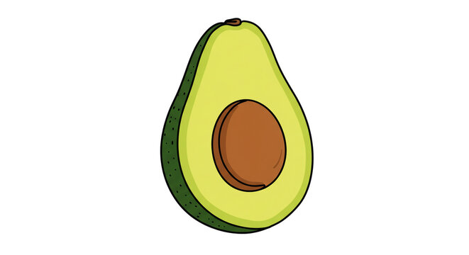 Cut open avocado in cartoon style with bright green color and white background for food illustration