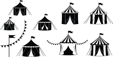 Circus tent silhouette collection, carnival pavilion icons, festive bunting flags, black and white circus marquee design, vector illustration set