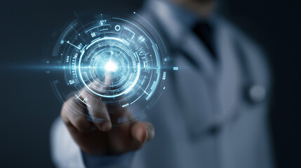 Doctor interacting with advanced holographic interface, futuristic digital medical process, glowing premium data visualization, ultra modern style