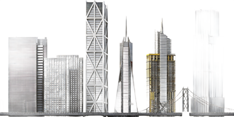 Diverse modern skyscrapers and bridge on white background isolated on a transparent background