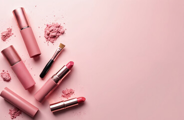 Obraz premium Pink cosmetics flat lay composition. Lipsticks brush and powder are scattered on pink background. Beauty branding and beauty blogging concept. Elegant style. Cosmetic sale banner or template.