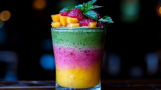 A bright smoothie glass with layers of vibrant green, orange, and red smoothies, garnished with fresh fruits.