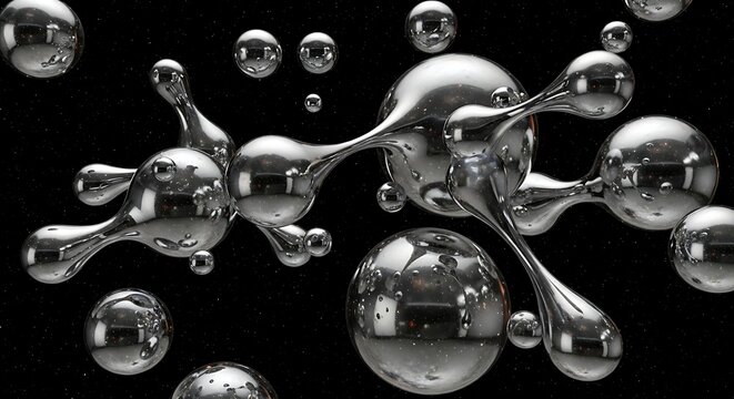 Floating metallic liquid blobs connected against a black background with small white specks - Powered by Adobe