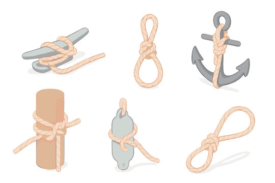 Boat Mooring Knots. Isometric vector illustration set Boat Mooring Knots: mooring rope with cleat hitch, dock line in bowline form