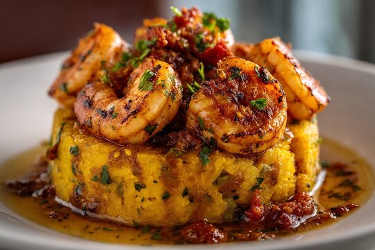 Grilled shrimp served over seasoned mofongo or polenta