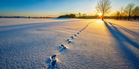 A serene winter scene shows deep footprints leading through a pristine blanket of snow as the sun sets on the horizon, casting long shadows from nearby trees