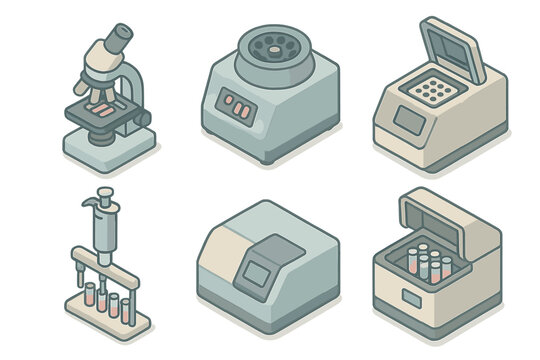 Laboratory Equipment Icons. Isometric vector illustration set of laboratory technology: microscope, centrifuge, PCR machine,