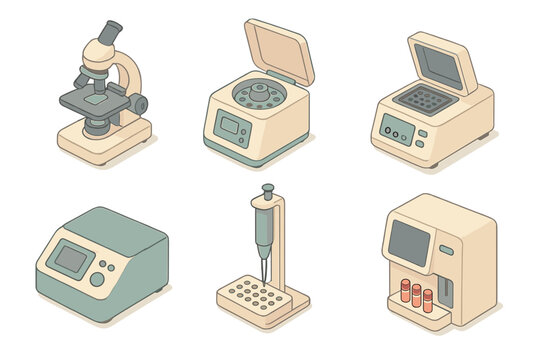 Laboratory Equipment Icons. Isometric vector illustration set of laboratory technology: microscope, centrifuge, PCR machine,